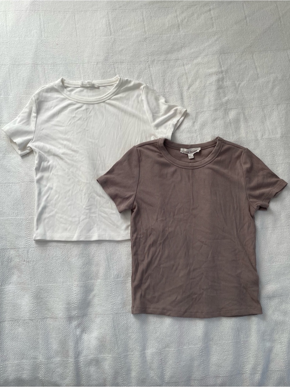 Pink Rose Ribbed Short Sleeve Cropped Tees Bundle - White and Brown